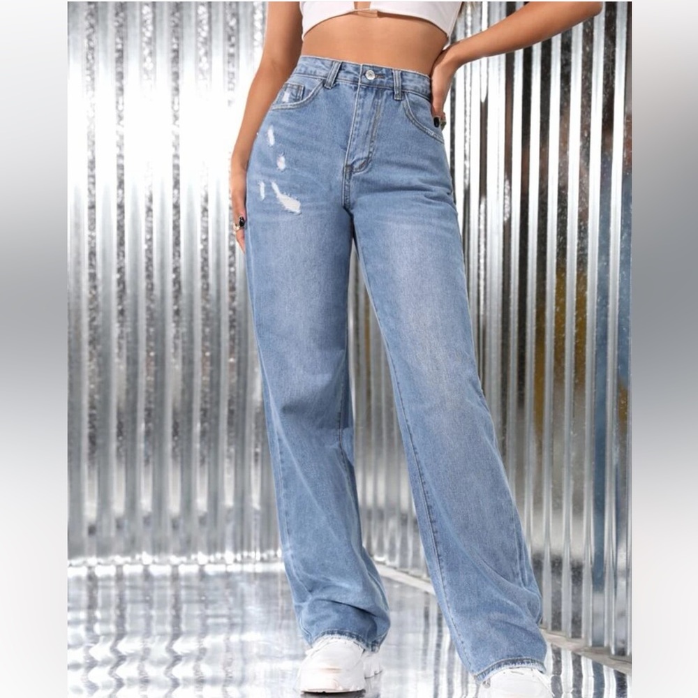 SHEIN High Waist Ripped Straight Leg Jeans